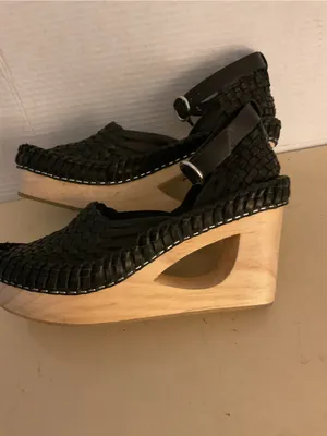 Free People women Black leather Woven Ankle-Strap Platform Wedges sandals US 8 thumbnail 11