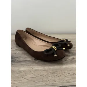 Escada Brown Suede Bow Ballets Flats Gold 37.5 Size 7.5 thumbnail 5
