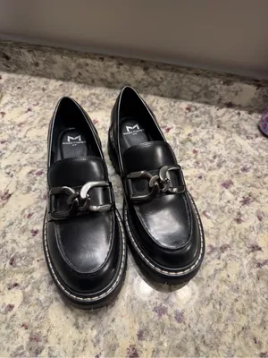 Marc Fisher Black Leather Silver ChainHorsebit Loafer Shoes Fall Chunky thumbnail 3