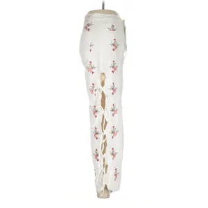 Zac & Zoe Paris White Floral Embroidered Wide Leg Lace Up Pants M 38 Boho Y2K thumbnail 4