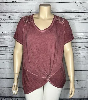 Maurices 24/7 NWT Size 2 Washed Purple Crochet Lace Knot Hemline Knit Top Shirt thumbnail 1