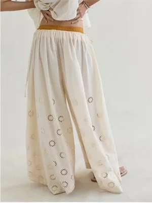 Free People Sweet Serenade Pull On Eyelet Wide Leg Cotton Floral Pants Sandshore thumbnail 2