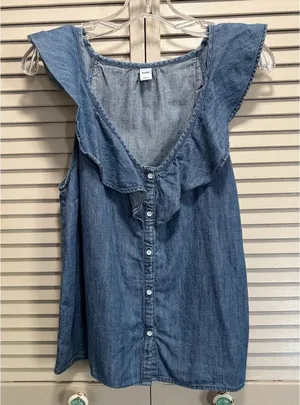 Old Navy Denim Ruffle Button Up Sleeveless Shirt Size Large Cotton Summer thumbnail 1