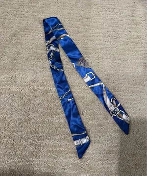 Blue Satin Silk Twilly Scarf With Chain and Belt Print Hair Ribbon Bag Accessory thumbnail 2