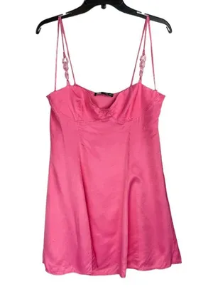 NEW ZARA Pink Satin Corsetry Mini Babydoll Dress Sz Large Chain Strap thumbnail 3