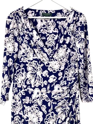 Lauren Ralph Lauren Blue White Floral Print Faux Wrap Dress Size 14 women’s thumbnail 2
