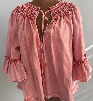 Free People‎ Pink Washed Smocked Neck Ruffle Sleeve Tie Neck Blouse Top S thumbnail 1