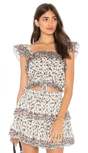 LoveShackFancy Cream Floral Blouse with Pink & Purple Blooms thumbnail 1