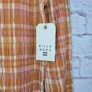 NWT Billabong Check Me Out Crop Top Plaid Smocked Long Sleeve Sunburnt Orange L thumbnail 4