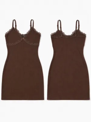 H&M Brown Lace Trim Ribbed Mini Dress thumbnail 2