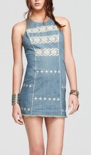 Free People Embroidered Chambray Denim Mini Dress | Size XS | Aztec Racerback thumbnail 1