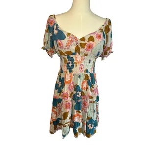 Angie Floral Smocked Boho Mini Dress Medium Cottage Indie Retro Rayon Festival thumbnail 11