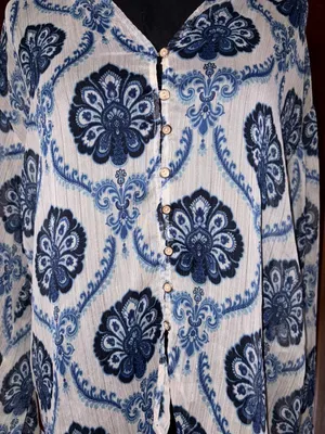 Zara Blue and White Paisley Button-Up Blouse thumbnail 2