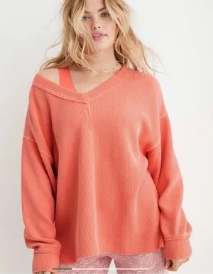 Aerie Wonder Textured V Neck Oversized Sweatshirt Saturn Peach Top Coral Orange thumbnail 1