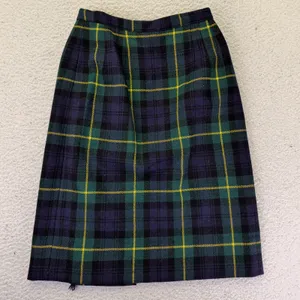 Vintage Navy Green Plaid Wrap Skirt Fringed Kilt Style Button Front‎ Knee Length thumbnail 2