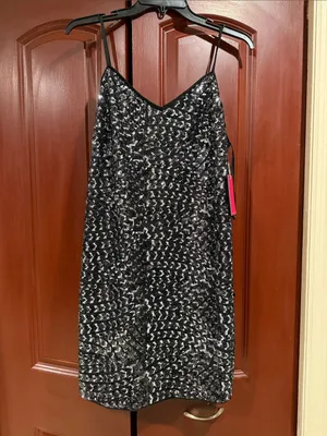 Vince Camuto Black Sequin Mini Slip Dress with Silver Accents thumbnail 3