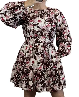 Chelsea28 Womens Floral Tiered Long Sleeve Mini Dress Size M Brown Floral Pocket thumbnail 1