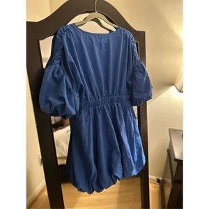 NEW Deep V Neck Puff Sleeve High Rise Flare Dress Elastic Waist L thumbnail 2