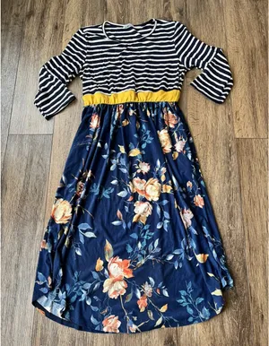 Egs by Eloges Floral Midi Dress, XL, Blue/Mustard, NEW thumbnail 1