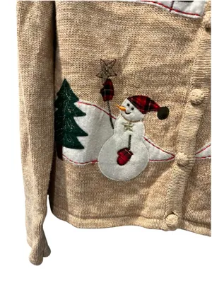 VTG Tiara International Christmas Sweater Cardigan L Tan Knit Snowman Tree Ugly thumbnail 5
