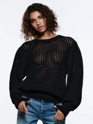 Zara textured open‎ knit chunky sweater crewneck balloon sleeves black size M thumbnail 1