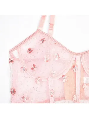 Floral Embroidered Lace Underwire Bralette M Pink Sheer Lingerie Bra Sequin thumbnail 2
