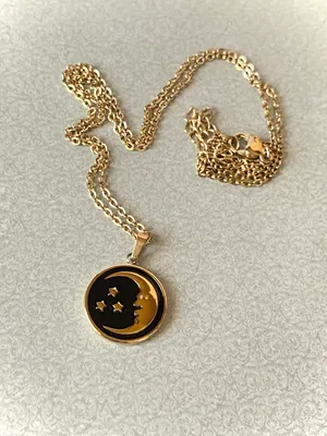 Handmade gold tone stainless steel & black enamel celestial whimsical vintage style necklace🌟 thumbnail 2