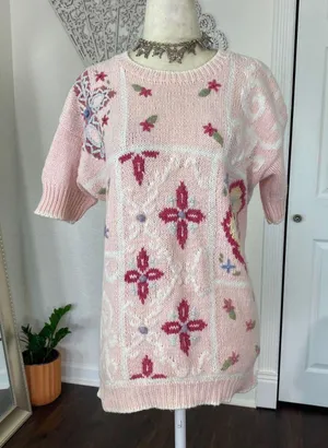 Vintage Light Blush Pink Boho Coquette Knitted Knit Shortsleeve Sweater Top M thumbnail 6