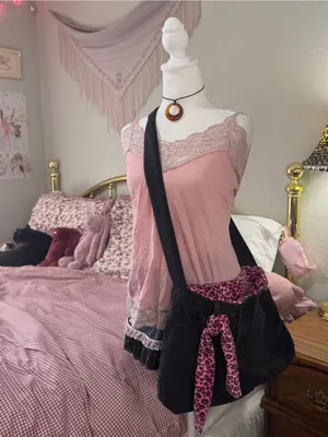Handmade Black Canvas Crossbody Bag with Pink Leopard Accent - Women's Crossbody thumbnail 3