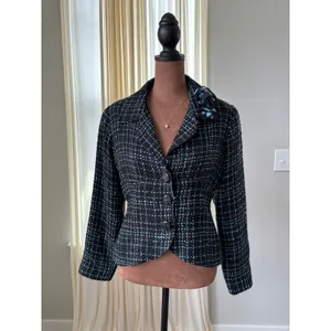 Y2K Tweed Blazer S Blue Plaid Floral Lapel Rosette Office Siren Whimsy Rom Com thumbnail 12