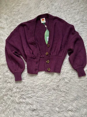 FARM Rio Burgundy Rib-Knit Button Front V-Neck Balloon Sleeve Women’s Cardigan M thumbnail 11