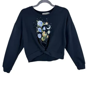 Cut & Paste Black‎ Floral Astrology Planets Cropped Pullover Sweatshirt Medium Black thumbnail 2