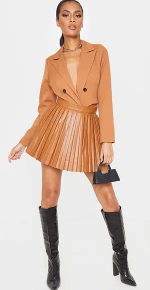 Camel Faux Leather Pleated Skater Skirt thumbnail 1