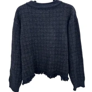MNG Women Navy Blue‎ Metallic Tweed Knit Fringe Sweater Pullover Top Size Large thumbnail 3
