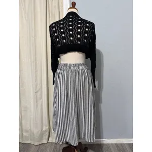 See You Monday Linen Blend Striped Midi Skirt‎ Size L Black White Nautical Cottagecore Modest thumbnail 7