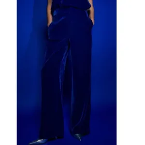 Zara Blue Velvet Velour High Waist Wide Flared Leg Crop Ankle Trousers Pants S thumbnail 11