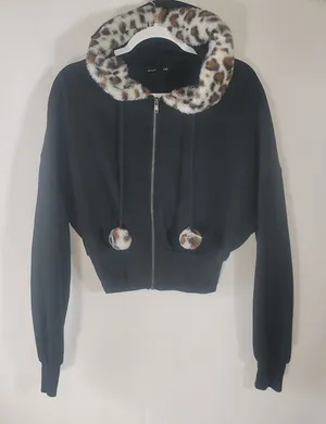 Social Scene Black Cropped Zip Up Hoodie Sm Faux Fur Leopard Hood Pom Poms Bratz thumbnail 1