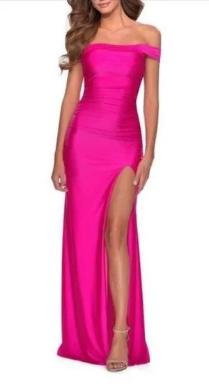 La Femme 28506 Off the Shoulder Ruched Gown Long Dress Hot Pink 4 thumbnail 1