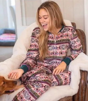 Natural Life Fleece Jumpsuit Pajamas L/XL Pink Fair Isle Floral Boho Loungewear thumbnail 1