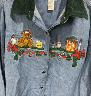 Vintage Denim BILLBLASS JEANS embroidered Teddy Christmas button down LG thumbnail 2