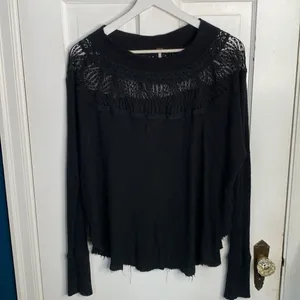 Free People Spring Valley Black Thermal Lace-Trim Top W-128 Sz Small thumbnail 4