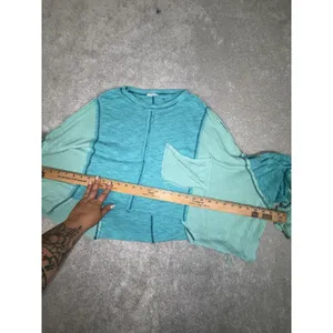 Pol Cropped Boxy Raw Edge Top Womens Blue Contrast Stitch Relaxed‎ Small thumbnail 6