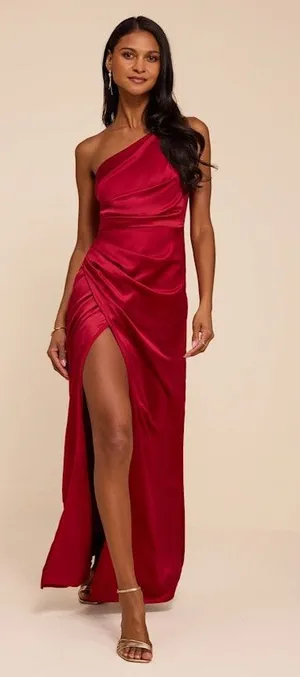 NWT Lulus Dreaming of Elegance Wine Red Satin One-Shoulder Maxi Dress Size XL thumbnail 1