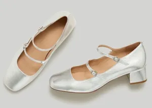 Madewell Silver Metallic Leather Double Strap Nettie Heeled Mary Jane Shoes 8.5 thumbnail 1