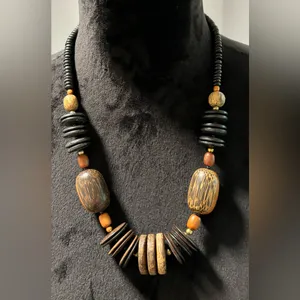 Vintage Wooden Bead & Chunky Statement Necklace Boho Tribal thumbnail 2