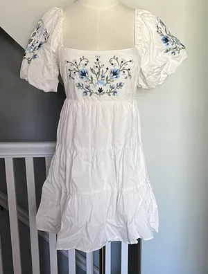 miami White Dress with Blue Floral Embroidery thumbnail 1