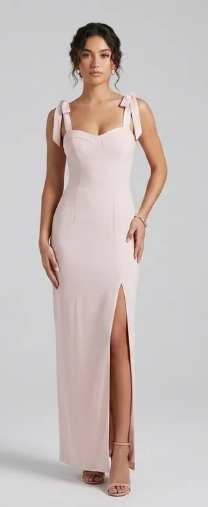 NEW BHLDN Blush Pink Antonia Georgette Tie Strap Maxi Dress Bridesmaid Gown Sz 0 thumbnail 1