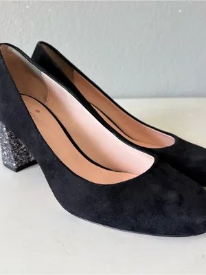 Kate Spade Black Suede Pumps Sparkling silver glitter Block Heel Womens Size 7.5 thumbnail 4