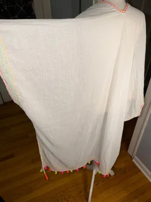 100% Cotton White Heart-Trim Sarong Coverup - Women's Beach Wrap thumbnail 7