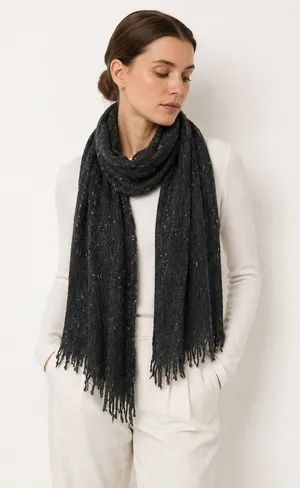 Ralph Lauren LRL Scarf Charcoal Grey Wool Alpaca Blend Fringed Speckled Knit thumbnail 1